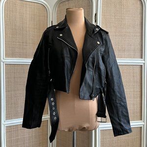 ASOS Medium Bershka Cropped Faux Leather Biker Jacket in Black